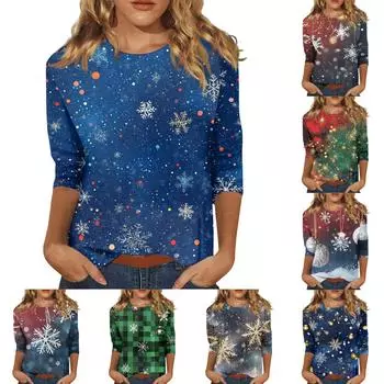 Женская повседневная свободная футболка с круглым вырезом и рождественским принтом и рукавами три четверти M белый