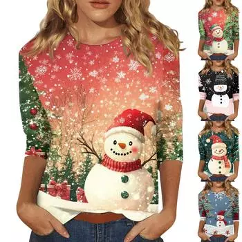 Женская повседневная свободная футболка с круглым вырезом и рождественским принтом и рукавами три четверти XXXXXL