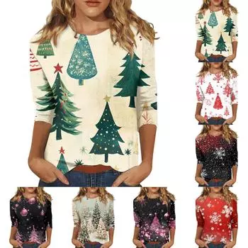 Женская повседневная свободная футболка с круглым вырезом и рождественским принтом и рукавами три четверти XXXXXL чёрный