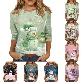 Женская повседневная свободная футболка с круглым вырезом и рождественским принтом и рукавами три четверти XL хаки