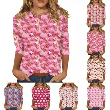 Женская повседневная свободная футболка с круглым вырезом и принтом ко Дню святого Валентина с рукавами три четверти L бежевый