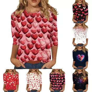 Женская повседневная свободная футболка с круглым вырезом и принтом ко Дню святого Валентина с рукавами три четверти L бежевый