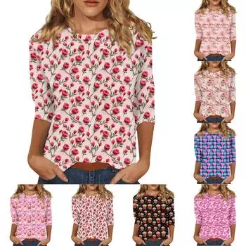 Женская повседневная свободная футболка с круглым вырезом и принтом ко Дню святого Валентина с рукавами три четверти L бежевый