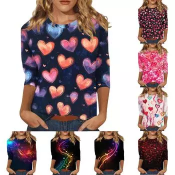 Женская повседневная свободная футболка с круглым вырезом и принтом ко Дню святого Валентина с рукавами три четверти L горячий розовый