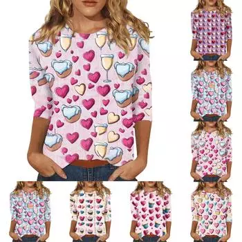 Женская повседневная свободная футболка с круглым вырезом и принтом ко Дню святого Валентина с рукавами три четверти L синий