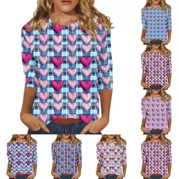 Женская повседневная свободная футболка с круглым вырезом и принтом ко Дню святого Валентина с рукавами три четверти L светло-синий