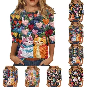 Женская повседневная свободная футболка с круглым вырезом и принтом ко Дню святого Валентина с рукавами три четверти L светло-зеленый