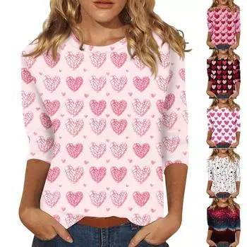 Женская повседневная свободная футболка с круглым вырезом и принтом ко Дню святого Валентина с рукавами три четверти L