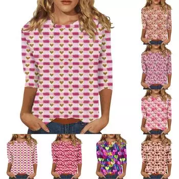 Женская повседневная свободная футболка с круглым вырезом и принтом ко Дню святого Валентина с рукавами три четверти L бежевый