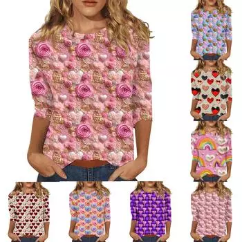 Женская повседневная свободная футболка с круглым вырезом и принтом ко Дню святого Валентина с рукавами три четверти L светло-розовый