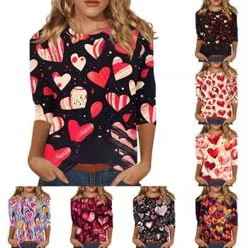 Женская повседневная свободная футболка с круглым вырезом и принтом ко Дню святого Валентина с рукавами три четверти L чёрный