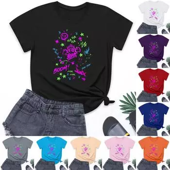 Женская повседневная свободная футболка с круглым вырезом, пуловер с коротким рукавом L чёрный