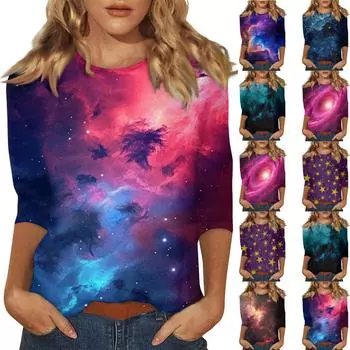 Женская повседневная свободная футболка с круглым вырезом и принтом ко Дню святого Валентина с рукавами три четверти XXXXXL циан