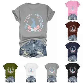 Женская повседневная свободная футболка с пасхальным принтом, круглый вырез, пуловер, короткий рукав, топ S тёмно-синий