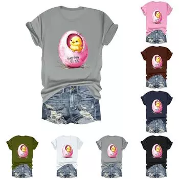 Женская повседневная свободная футболка с пасхальным принтом, круглый вырез, пуловер, короткий рукав, топ XL