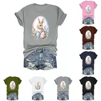 Женская повседневная свободная футболка с пасхальным принтом, круглый вырез, пуловер, короткий рукав, топ XL