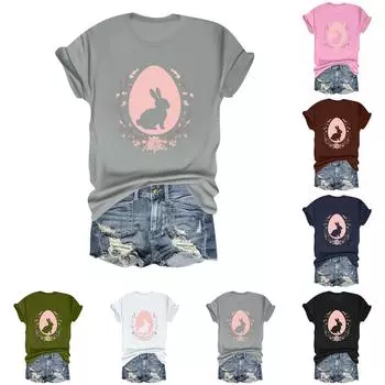 Женская повседневная свободная футболка с пасхальным принтом, круглый вырез, пуловер, короткий рукав, топ XXL чёрный