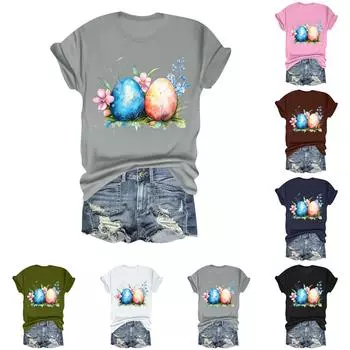 Женская повседневная свободная футболка с пасхальным принтом, круглый вырез, пуловер, короткий рукав, топ S