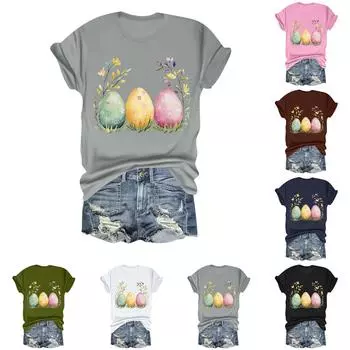 Женская повседневная свободная футболка с пасхальным принтом, круглый вырез, пуловер, короткий рукав, топ L армия зеленый