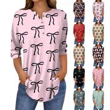 Женская повседневная свободная футболка с принтом банта на пуговицах и рукавами три четверти XL