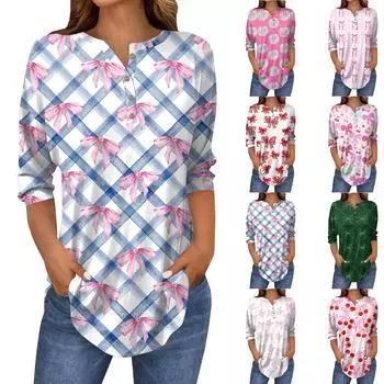 Женская повседневная свободная футболка с принтом банта на пуговицах и рукавами три четверти L