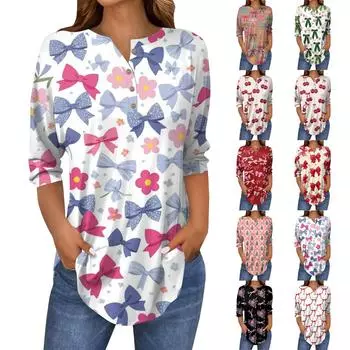 Женская повседневная свободная футболка с принтом банта на пуговицах и рукавами три четверти M киноварь