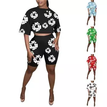 Женская повседневная свободная футболка с принтом и шорты, состоящая из двух частей, тренд уличной моды, с короткими рукавами + шорты M чёрный