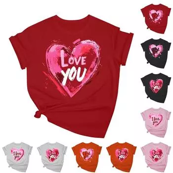 Женская повседневная свободная футболка с принтом ко Дню святого Валентина, круглый вырез, пуловер, топ с короткими рукавами L чёрный