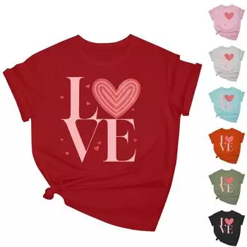 Женская повседневная свободная футболка с принтом ко Дню святого Валентина, круглый вырез, пуловер, топ с короткими рукавами L чёрный