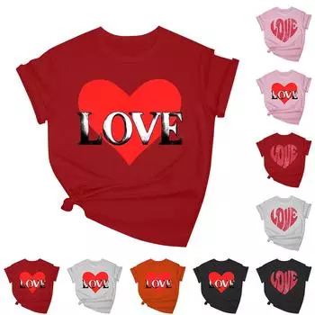 Женская повседневная свободная футболка с принтом ко Дню святого Валентина, круглый вырез, пуловер, топ с короткими рукавами L чёрный