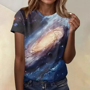 Женская повседневная свободная футболка с принтом, круглый вырез, пуловер, короткий рукав, топ L темно-синий