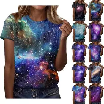 Женская повседневная свободная футболка с принтом, круглый вырез, пуловер, короткий рукав, топ L темно-синий