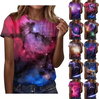 Женская повседневная свободная футболка с принтом, круглый вырез, пуловер, короткий рукав, топ L темно-синий