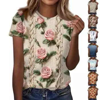 Женская повседневная свободная футболка с принтом, круглый вырез, пуловер, короткий рукав, топ L синий