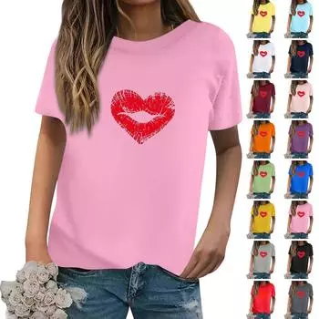 Женская повседневная свободная футболка с принтом на День Святого Валентина, пуловер с круглым вырезом, топ с короткими рукавами L чёрный