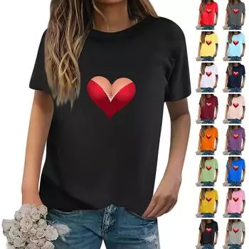Женская повседневная свободная футболка с принтом на День Святого Валентина, пуловер с круглым вырезом, топ с короткими рукавами L чёрный