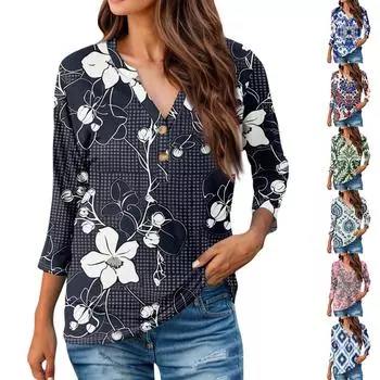 Женская повседневная свободная футболка с принтом, пуловер с круглым вырезом, рукава 3/4, топ L синий