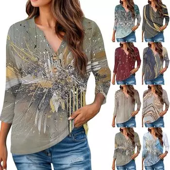 Женская повседневная свободная футболка с принтом, пуловер с круглым вырезом, рукава 3/4, топ L коричневый