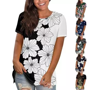 Женская повседневная свободная футболка с принтом, пуловер с круглым вырезом, топ с короткими рукавами L чёрный