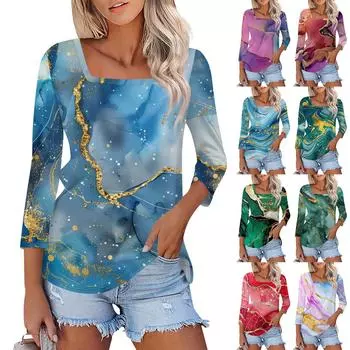 Женская повседневная свободная футболка с принтом, пуловер с квадратным вырезом и рукавами 3/4, топ L синий