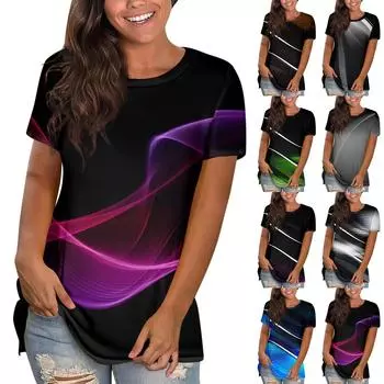 Женская повседневная свободная футболка с принтом, пуловер с круглым вырезом, топ с короткими рукавами L чёрный