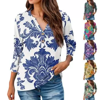 Женская повседневная свободная футболка с принтом, пуловер с круглым вырезом, рукава 3/4, топ L синий