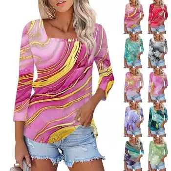 Женская повседневная свободная футболка с принтом, пуловер с квадратным вырезом и рукавами 3/4, топ L синий
