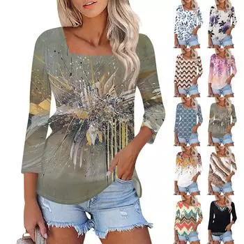 Женская повседневная свободная футболка с принтом, пуловер с квадратным вырезом и рукавами 3/4, топ L чёрный