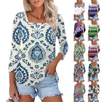 Женская повседневная свободная футболка с принтом, пуловер с квадратным вырезом и рукавами 3/4, топ L чёрный