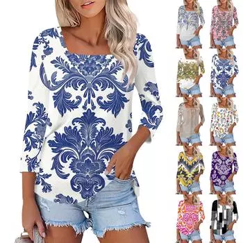 Женская повседневная свободная футболка с принтом, пуловер с квадратным вырезом и рукавами 3/4, топ L чёрный