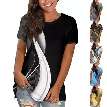 Женская повседневная свободная футболка с принтом, пуловер с круглым вырезом, топ с короткими рукавами L чёрный