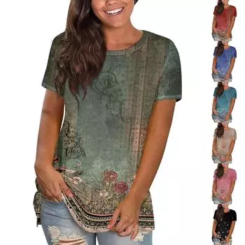 Женская повседневная свободная футболка с принтом, пуловер с круглым вырезом, топ с короткими рукавами L чёрный