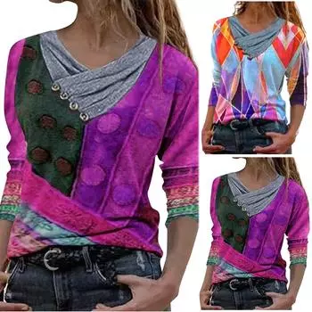 Женская повседневная свободная футболка с v-образным вырезом и винтажным принтом, пуловер с воротником-стойкой, топ L розовый