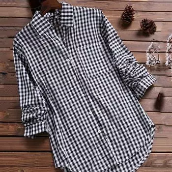 Женская повседневная свободная клетчатая рубашка с длинными рукавами и карманами в винтажную клетку с лацканами L чёрный